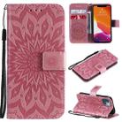 For iPhone 13 mini Pressed Printing Sunflower Pattern Horizontal Flip PU Leather Case Holder & Card Slots & Wallet & Lanyard (Pink) - 1