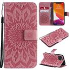 For iPhone 13 Pressed Printing Sunflower Pattern Horizontal Flip PU Leather Case Holder & Card Slots & Wallet & Lanyard(Pink) - 1