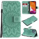 For iPhone 13 Pro Pressed Printing Sunflower Pattern Horizontal Flip PU Leather Case Holder & Card Slots & Wallet & Lanyard (Green) - 1