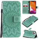 For iPhone 13 Pro Max Pressed Printing Sunflower Pattern Horizontal Flip PU Leather Case Holder & Card Slots & Wallet & Lanyard (Green) - 1