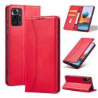 For Xiaomi Redmi Note 10 4G Skin-feel Calfskin Texture Magnetic Dual-Fold Horizontal Flip Leather Case with Holder & Card Slots & Wallet(Red) - 1