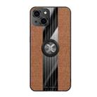 For iPhone 13 XINLI Stitching Cloth Textue Shockproof TPU Protective Case with Ring Holder(Brown) - 1