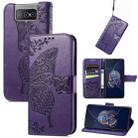 For Asus Zenfone 8 Flip Butterfly Love Flower Embossed Horizontal Flip Leather Case with Holder & Card Slots & Wallet & Lanyard(Dark Purple) - 1