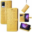 For vivo V21 Lovely Cat and Dog Embossing Pattern Horizontal Flip Leather Case , with Holder & Card Slots & Wallet & Cartoon Clasp & Lanyard(Yellow) - 1