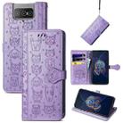 For Asus Zenfone 8 Flip Lovely Cat and Dog Embossing Pattern Horizontal Flip Leather Case , with Holder & Card Slots & Wallet & Cartoon Clasp & Lanyard(Purple) - 1