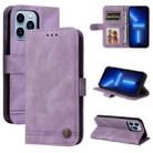 For iPhone 13 Pro Skin Feel Life Tree Metal Button Horizontal Flip Leather Case with Holder & Card Slot & Wallet & Photo Frame & Strap (Purple) - 1