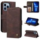 For iPhone 13 Pro Skin Feel Life Tree Metal Button Horizontal Flip Leather Case with Holder & Card Slot & Wallet & Photo Frame & Strap (Brown) - 1