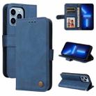 For iPhone 13 Pro Skin Feel Life Tree Metal Button Horizontal Flip Leather Case with Holder & Card Slot & Wallet & Photo Frame & Strap (Blue) - 1