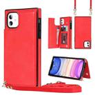 For iPhone 11 Cross-body Square Double Buckle Flip Card Bag TPU+PU Case with Card Slots & Wallet & Photo & Strap (Red) - 1