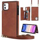 For iPhone 11 Cross-body Square Double Buckle Flip Card Bag TPU+PU Case with Card Slots & Wallet & Photo & Strap (Brown) - 1