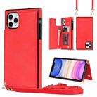 For iPhone 11 Pro Cross-body Square Double Buckle Flip Card Bag TPU+PU Case with Card Slots & Wallet & Photo & Strap (Red) - 1