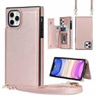 For iPhone 11 Pro Max Cross-body Square Double Buckle Flip Card Bag TPU+PU Case with Card Slots & Wallet & Photo & Strap (Rose Gold) - 1