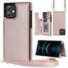 For iPhone 12 / 12 Pro Cross-body Square Double Buckle Flip Card Bag TPU+PU Case with Card Slots & Wallet & Photo & Strap(Rose Gold) - 1