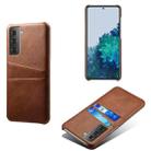 For Samsung Galaxy S21 5G Calf Texture PC + PU Leather Back Cover Shockproof Case with Dual Card Slots(Brown) - 1