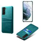 For Samsung Galaxy S21 FE 5G Calf Texture PC + PU Leather Back Cover Shockproof Case with Dual Card Slots(Green) - 1