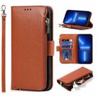 For iPhone 13 Microfiber Zipper Horizontal Flip Leather Case with Holder & Card Slots & Wallet(Brown) - 1