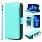 For iPhone 13 Microfiber Zipper Horizontal Flip Leather Case with Holder & Card Slots & Wallet(Mint Green) - 1