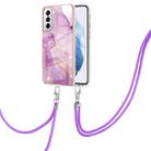 For Samsung Galaxy S21+ 5G Electroplating Marble Pattern IMD TPU Shockproof Case with Neck Lanyard(Purple 001) - 1