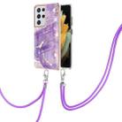 For Samsung Galaxy S21 Ultra 5G Electroplating Marble Pattern IMD TPU Shockproof Case with Neck Lanyard(Purple 002) - 1