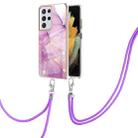 For Samsung Galaxy S21 Ultra 5G Electroplating Marble Pattern IMD TPU Shockproof Case with Neck Lanyard(Purple 001) - 1