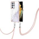 For Samsung Galaxy S21 Ultra 5G Electroplating Marble Pattern IMD TPU Shockproof Case with Neck Lanyard(White 006) - 1