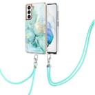 For Samsung Galaxy S21 FE 5G Electroplating Marble Pattern IMD TPU Shockproof Case with Neck Lanyard(Green 003) - 1