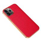 Electroplated Edge Litchi Texture Top Layer Cowhide Leather Back Cover Shockproof Case For iPhone 13 Pro(Red) - 1