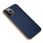 Electroplated Edge Litchi Texture Top Layer Cowhide Leather Back Cover Shockproof Case For iPhone 13 Pro Max(Blue) - 1