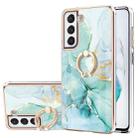 For Samsung Galaxy S21 FE 5G Electroplating Marble Pattern IMD TPU Shockproof Case with Ring Holder(Green 003) - 1