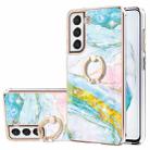For Samsung Galaxy S21 FE 5G Electroplating Marble Pattern IMD TPU Shockproof Case with Ring Holder(Green 004) - 1