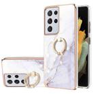 For Samsung Galaxy S21 Ultra 5G Electroplating Marble Pattern IMD TPU Shockproof Case with Ring Holder(White 006) - 1