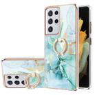 For Samsung Galaxy S21 Ultra 5G Electroplating Marble Pattern IMD TPU Shockproof Case with Ring Holder(Green 003) - 1