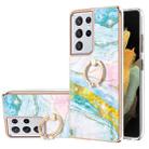 For Samsung Galaxy S21 Ultra 5G Electroplating Marble Pattern IMD TPU Shockproof Case with Ring Holder(Green 004) - 1