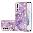 For Samsung Galaxy S21+ 5G Electroplating Marble Pattern IMD TPU Shockproof Case with Ring Holder(Purple 002) - 1