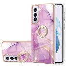 For Samsung Galaxy S21+ 5G Electroplating Marble Pattern IMD TPU Shockproof Case with Ring Holder(Purple 001) - 1