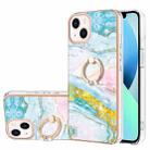 For iPhone 13 Electroplating Marble Pattern IMD TPU Shockproof Case with Ring Holder(Green 004) - 1