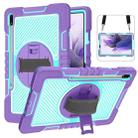 For Samsung Galaxy Tab S7 FE T730 / T735 / Tab S7+ T970 / T975 360 Degree Rotation Contrast Color Shockproof Silicone + PC Case with Holder & Hand Grip Strap & Shoulder Strap(Purple + Mint Green) - 1