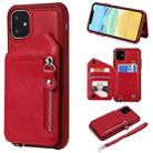 For iPhone 11 Dual Buckles Zipper Shockproof Back Cover Protective Case with Holder & Card Slots & Wallet & Lanyard & Photos Frames(Red) - 1