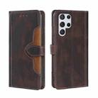 For Samaung Galaxy S22 Ultra 5G Skin Feel Straw Hat Horizontal Flip Leather Case with Holder & Card Slots(Brown) - 1