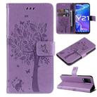 For vivo Y21/Y21s/Y33s Tree & Cat Embossing Pattern Horizontal Flip PU Leather Case with Holder & Card Slots & Wallet & Lanyard(Light Purple) - 1