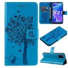 For vivo Y21/Y21s/Y33s Tree & Cat Embossing Pattern Horizontal Flip PU Leather Case with Holder & Card Slots & Wallet & Lanyard(Blue) - 1