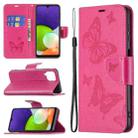 For Samsung Galaxy A22 4G Embossing Two Butterflies Pattern Horizontal Flip Leather Phone Case with Holder & Card Slot & Wallet & Lanyard(Rose Red) - 1
