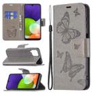 For Samsung Galaxy A22 4G Embossing Two Butterflies Pattern Horizontal Flip Leather Phone Case with Holder & Card Slot & Wallet & Lanyard(Grey) - 1