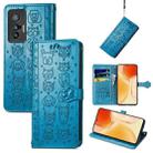 For vivo X70 Lovely Cat and Dog Embossing Pattern Horizontal Flip Leather Phone Case with Holder & Card Slots & Wallet & Cartoon Clasp & Lanyard(Blue) - 1