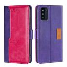 For Samsung Galaxy F52 5G Retro Texture Contrast Color Buckle Horizontal Flip Leather Case with Holder(Purple+Rose Red) - 1
