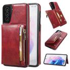 For Samsung Galaxy S21+ 5G Zipper Wallet Bag PU Back Cover Shockrpoof Phone Case with Holder & Card Slots & Wallet(Red) - 1