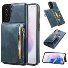 For Samsung Galaxy S21+ 5G Zipper Wallet Bag PU Back Cover Shockrpoof Phone Case with Holder & Card Slots & Wallet(Blue) - 1