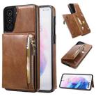 For Samsung Galaxy S21+ 5G Zipper Wallet Bag PU Back Cover Shockrpoof Phone Case with Holder & Card Slots & Wallet(Brown) - 1