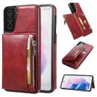 For Samsung Galaxy S21 5G Zipper Wallet Bag PU Back Cover Shockrpoof Phone Case with Holder & Card Slots & Wallet(Red) - 1
