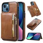 For iPhone 13 Zipper Wallet Bag PU Back Cover Shockrpoof Phone Case with Holder & Card Slots & Wallet(Brown) - 1